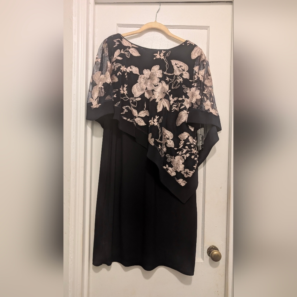 R&M Richards Navy Dress with Rose Pink Floral Overlay